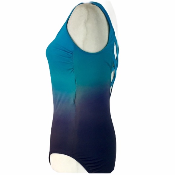 Blue ombré one piece crisscross back tank swimsuit - Picture 4 of 6